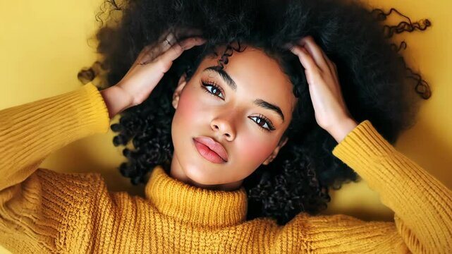 Ebony Elegance: Captivating portrait of a beautiful ebony woman with afro hair lying and looking directly at the camera against a yellow backdrop, showcasing her unique charm and allure.