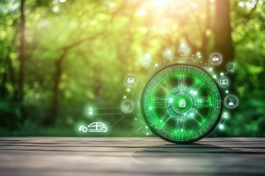 Green wheel graphic on wooden table, nature background