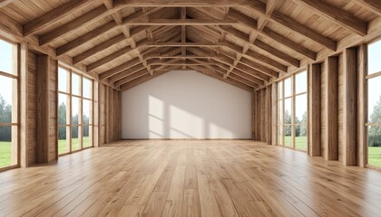 Fototapeta premium Spacious Wooden House Interior Design with Large Windows and Natural Light