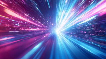 Motion and energy fill the background with wavy light trails in vivid purple and pink.
