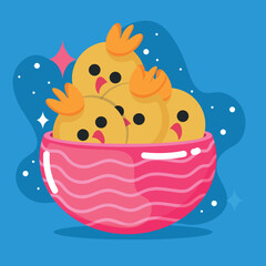 Chicks gathered in pink bowl. Vector