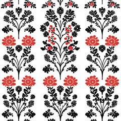 Red and black floral damask pattern on white