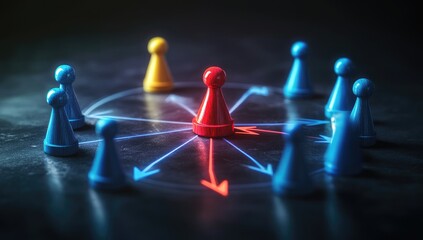 Red game piece central to a circle of blue and yellow pieces, radiating lines