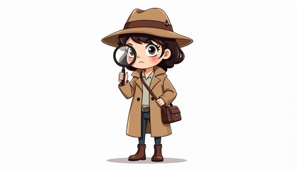 Cartoon female detective character in hat and trench coat. Illustration of girl spy, holding magnifying glass, investigating mystery. Cute, stylish investigator with cool, mysterious vibe.