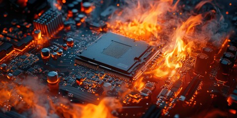 Overheated computer motherboard ablaze