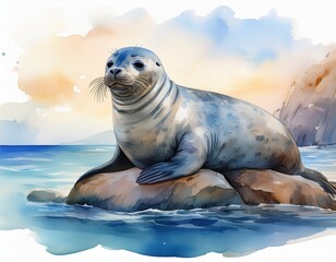 Obraz premium Robbe am Strand – Aquarell in ruhigen Pastelltönen