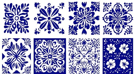 Eight blue and white floral tile designs