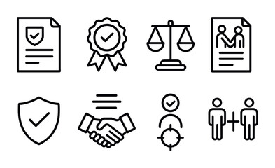 Legal and compliance line icons set – outline, contract, law and agreement symbols