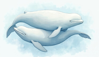 Fototapeta premium Artistic illustration featuring two beluga whales swim. Peaceful aquatic scene in serene ocean setting. Gentle nature theme, ocean life, whale lovers, water species, marine, animal, environmental