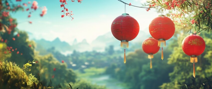 Chinese New Year, red lanterns hanging on a blue background, a traditional Chinese festival, in the style of Chinese art, a red and yellow color scheme Generative AI
