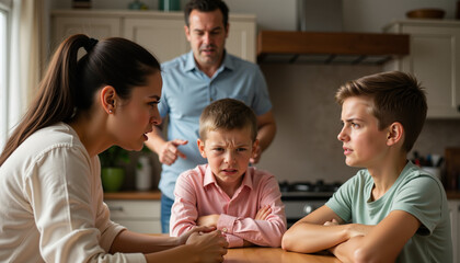 Mother with children discussing serious matter, tense expressions, emotional family confrontation at home