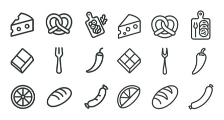 Food and snack outline icons set &ndash; line, flat, culinary and dining symbols