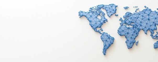 A minimalist geometric world map in blue lines on a white background, highlighting continents with a modern, abstract design.
