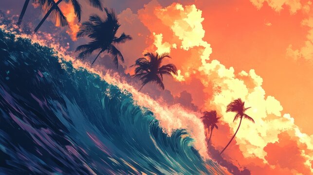 Vibrant sunset over a crashing ocean wave, palm trees silhouetted against fiery sky
