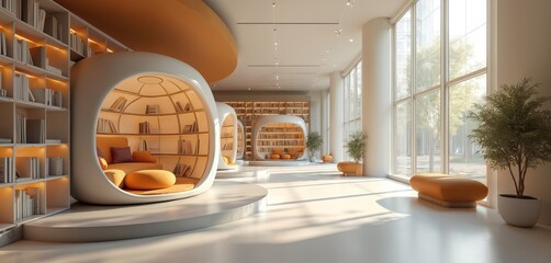 Futuristic library with interactive pods offers VR learning experiences. Interior design features bookshelves, modern seating, panoramic windows, natural light. Innovation tech space.