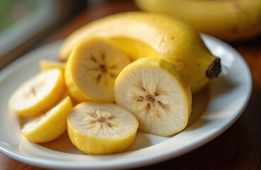 Sliced Pisang rebus bananas on white plate. Steamed ripe Pisang Kepok fruit, homemade healthy snack. Breakfast dessert. Close up shot shows cross-section of fruit flesh. Tropical cuisine food.