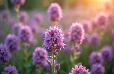 Fototapeta premium Blooming violet verbena flowers in natural sunlight meadow. Pretty purple flowers, green leaves in field. Spring season floral background. Botanical nature park scene with vibrant colors. Romantic,