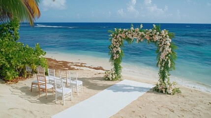 Naklejka premium Beach Wedding Ceremony with Floral Arch