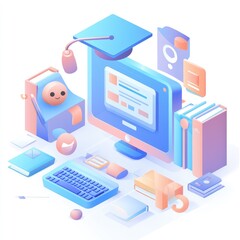 Fototapeta premium Pastel-toned isometric illustration of a computer workspace, featuring books, a keyboard, and a graduation cap