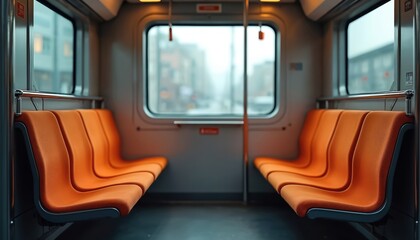 Fototapeta premium Empty train seats interior. Orange seating, window view of city street. Public transport, commuter travel, railway, transit. Journey, rail transport. Urban scene. Public transportation, travel