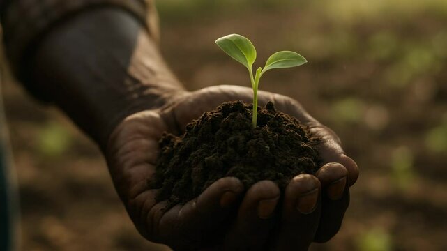 Solo e broto na m&atilde;o negra de um agricultor brasileiro &ndash; v&iacute;deo.