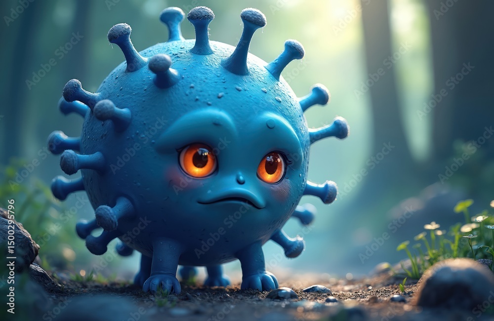 Poster illustration features blue virus character with sad face in forest. illustration designed with ai to