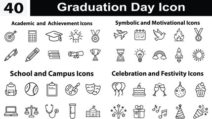 Set of 40 Graduation Day icon, Academic and Achievement, Celebration and Festivity, Symbolic and Motivational, School and Campus", teacher's day, student's day, education day and more educational icon