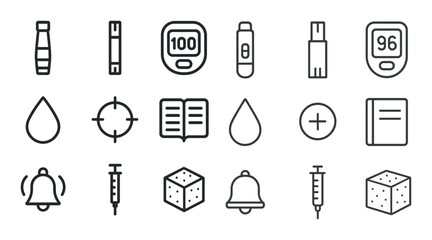 Diabetes and health line icons set &ndash; outline, medical, wellness symbols