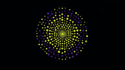 yellow and purple dots on black background and small green star shaped circle