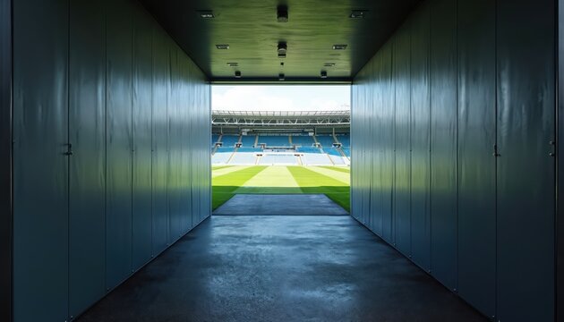 Fototapeta Arena tunnel entrance to stadium. Open door to football pitch. Green grass field. Blue seats. Architecture sport venue for soccer championship. Soccer arena. Light shines.