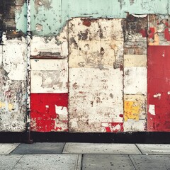 Naklejka premium Weathered wall with layered paint, plaster, and torn posters