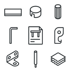 DIY Furniture Icon Set. Outline icon set of DIY furniture assembly: flat pack plank, cam lock, dowel pin, hex key, instruction