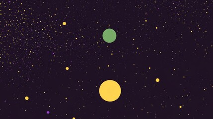 yellow and purple dots on black background and small green star shaped circle