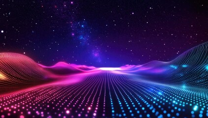 Cosmic, glowing, digital landscape stretches into starry night