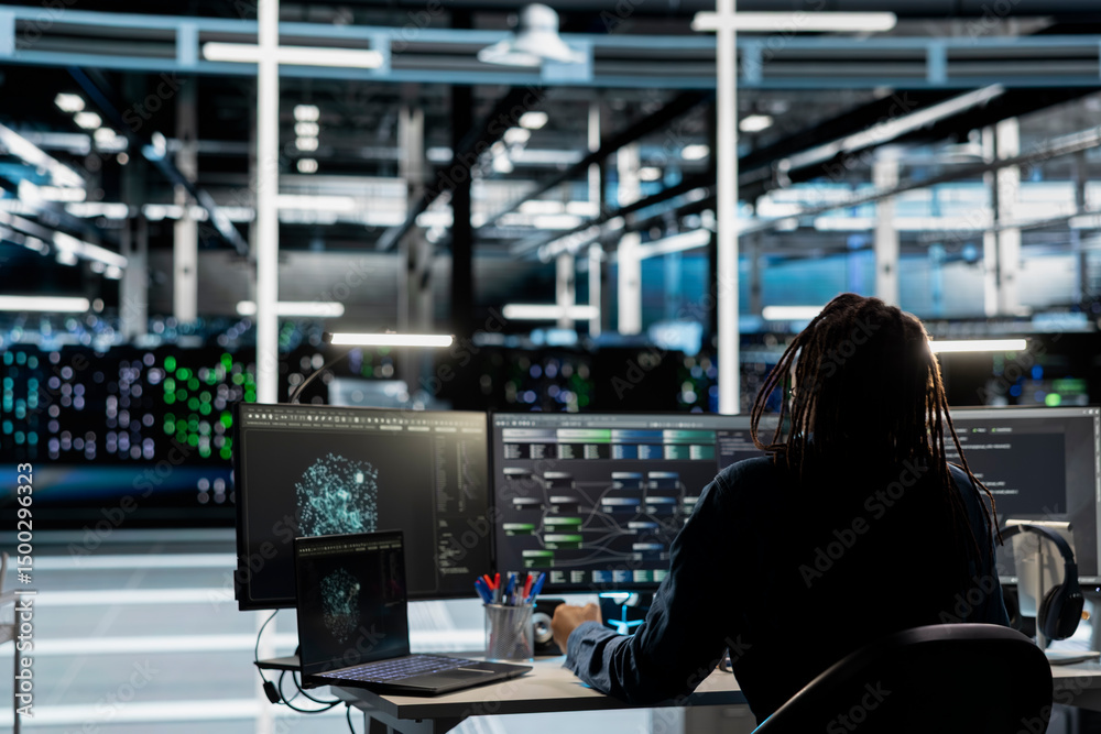 Poster server farm it professional looks at data analysis graph to reduce infrastructure failure. data cent