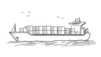 Hand-drawn sketch of a cargo ship at sea