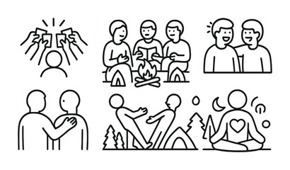 Community and friendship line icons set – outline, silhouette, social and connection symbols