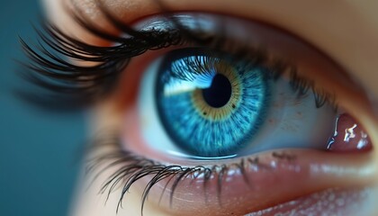 Fototapeta premium Extreme close-up portrait woman blue eye. Rich eyelashes, visible skin texture, pupil, iris detail. Beauty, vision, cosmetic concept, makeup. Generative AI art.