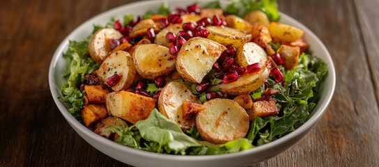 Roasted potato and sweet potato salad with pomegranate seeds