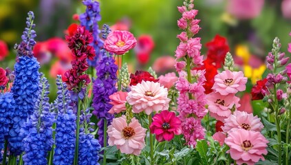 Vibrant flower display in various shades of pink, purple, and blue