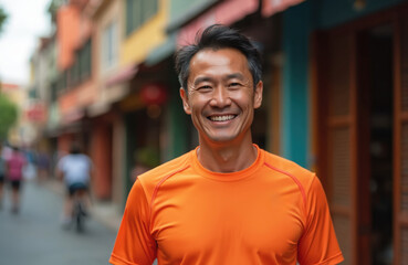 Fototapeta premium Portrait of smiling Asian man wearing orange moisture-wicking running shirt. Adult male in 40s stands market street. Happy fit person ready exercise outdoor. Lifestyle photo in urban area, sunny day.