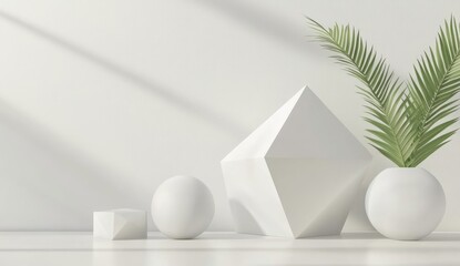 White geometric shapes and palm leaf