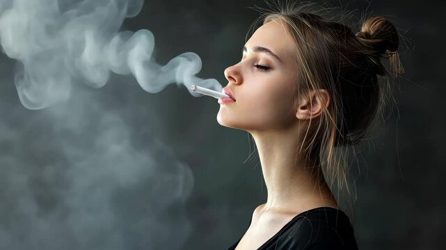 Whispering Smoke: A young woman exhales a plume of smoke, her eyes closed as she is lost in thought. This evocative image of subtle elegance and contemplation.