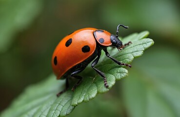 Obraz premium Close-up photo of ladybug on green leaf. Insect with red shell, black spots rests. Detailed macro shot shows nature, wildlife beauty. Pest in natural environment.