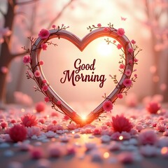 Whimsical digital “Good Morning” card featuring a sun-shaped frame with birds, coffee, and sunrise art on a pastel background—perfect for cheerful morning greetings.