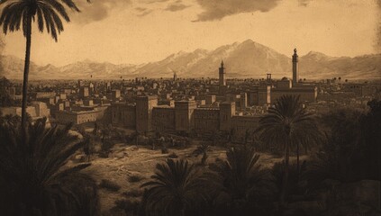 Sepia-toned cityscape panorama of a historic city nestled against mountains, with palm trees and a sense of antiquity