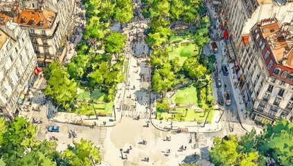 City square, aerial view, people, trees, buildings