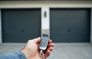 Man hand holding remote control against the background of a double garage door. Home automation tech, automatic door opener for car security, access to the house, remote keyless system.