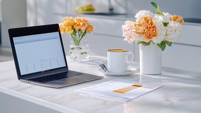 Modern Business Workspace with Laptop, flowers and Coffee
