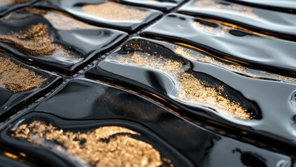 Abstract black and gold tiles with wavy patterns